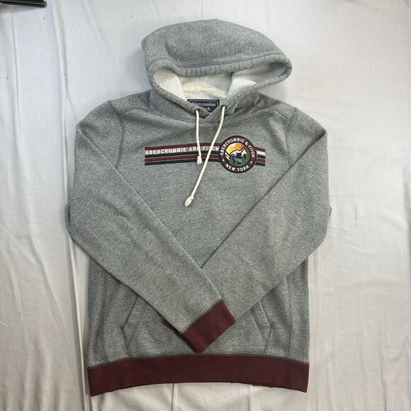 Abercrombie & Fitch Hoodie Mens Medium Gray Pullover New York NY Logo Sweatshirt - Picture 2 of 9